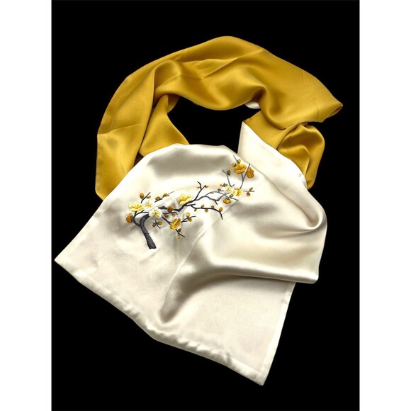 Suzhou Hand-Embroidered Floral Branch 100% Mulberry Silk Scarf Wrap Chinese Read - Picture 2 of 6